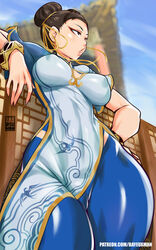  bad_id bad_twitter_id bayeuxman bracelet breasts brown_hair chun-li covered_nipples double_bun eyeshadow female hair_bun highres impossible_clothes inactive_account jewelry lipgloss makeup ribbon solo street_fighter street_fighter_6 variant_set 