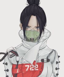  72_(ru0710natsu) animification apex_legends black_hair blue_eyes cable commentary_request female grey_background hair_behind_ear hair_bun head_tilt jacket looking_at_viewer mask mouth_mask official_alternate_costume parted_bangs portrait quarantine_722_wraith single_hair_bun solo straight-on white_jacket wraith_(apex_legends) 