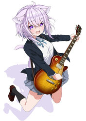  absurdres ahoge animal_ears asanaya cat_ears cat_tail commentary cosplay electric_guitar female gibson_les_paul guitar highres hololive instrument k-on! music nekomata_okayu playing_instrument pleated_skirt plectrum purple_eyes purple_hair sakuragaoka_high_school_uniform school_uniform skirt solo tail virtual_youtuber white_background winter_uniform 