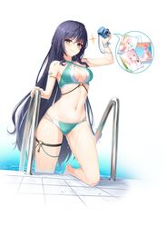  arm_up armlet ass_visible_through_thighs bare_arms bare_legs bare_shoulders bikini breasts camera cleavage closed_mouth closers criss-cross_halter eunha_(closers) female green_bikini green_eyes halterneck highres holding holding_camera long_hair looking_at_viewer medium_breasts multi-strapped_bikini_bottom multi-strapped_bikini_top navel non-web_source official_art pool_ladder purple_hair ribbon seulbi_lee smile solo sparkle speech_bubble stomach string_bikini swimsuit thigh_strap thighs very_long_hair wet wrist_ribbon 