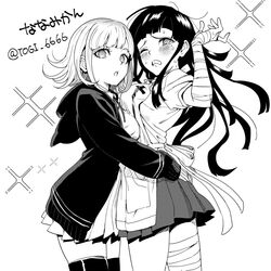  2girls :o apron bandaged_arm bandages blush breasts commentary_request danganronpa_(series) danganronpa_2:_goodbye_despair flipped_hair greyscale hood hood_down hug jacket large_breasts long_hair long_sleeves medium_hair miniskirt mole mole_under_eye monochrome multiple_girls nanami_chiaki neck_ribbon no_hair_ornament one_eye_closed open_clothes open_jacket pleated_skirt puffy_short_sleeves puffy_sleeves ribbon short_sleeves skirt tears teeth thighhighs togi9999 translated tsumiki_mikan upper_teeth_only yuri zettai_ryouiki 