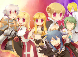  3girls 4boys armor assassin_cross_(ragnarok_online) aura_(a440) bare_pectorals belt bio_lab black_gloves black_pants black_shirt blonde_hair blue_hair blush breastplate breasts brooch brown_cape cape cecil_damon chainmail cleavage closed_eyes closed_mouth commentary_request constricted_pupils cowboy_shot crop_top cross cup double_bun dress eremes_guile evil_smile eyes_visible_through_hair fingerless_gloves fur-trimmed_cape fur-trimmed_gloves fur-trimmed_shorts fur_trim garter_straps gloves gradient_background green_hair hair_between_eyes hair_bun hands_on_own_hips high_collar high_priest_(ragnarok_online) high_wizard_(ragnarok_online) howard_alt-eisen jewelry kathryne_keyron lab_coat long_hair long_sleeves looking_at_another looking_at_viewer looking_back lord_knight_(ragnarok_online) margaretha_sorin medium_breasts midriff multiple_boys multiple_girls navel open_mouth pants pauldrons pectorals ragnarok_online reaching reaching_towards_viewer red_cape red_dress red_eyes red_scarf scalpel scarf scientist seyren_windsor shaded_face shirt short_hair short_shorts shorts shoulder_armor smile sniper_(ragnarok_online) standing stirring strapless strapless_dress teeth thighhighs tongue tongue_out torn_clothes torn_scarf torn_shirt two-tone_dress upper_body upper_teeth_only white_dress white_hair white_legwear white_shirt whitesmith_(ragnarok_online) wolfchev yellow_gloves yellow_shorts 