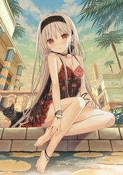  anklet bare_shoulders barefoot black_cat black_dress black_hairband bracelet breasts building cloud collarbone commentary_request crossed_legs dress earrings egyptian eyes_visible_through_hair feline female flower hairband headband highres jewelry lily_pad long_hair looking_at_viewer medium_breasts multicolored_clothes multicolored_dress necklace obelisk original outdoors palm_tree red_dress red_eyes sidelocks sitting sky solo tower tree very_long_hair water white_hair yuuki_rika 