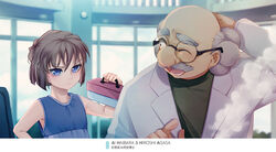  1boy ;d agasa_hiroshi arm_behind_head bald blue_shirt blurry blurry_background brown_hair character_name commentary_request facial_hair female frown glasses green_shirt grey_hair haibara_ai hair_between_eyes holding indoors lab_coat md5_mismatch meitantei_conan monicanc moustache one_eye_closed open_mouth photoshop_(medium) rimless_eyewear round_eyewear shirt short_hair sleeveless sleeveless_shirt smile upper_body 