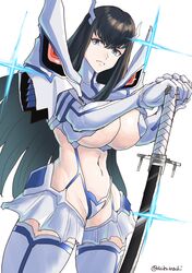  bikini black_hair blue_bikini blue_thighhighs breasts chikoinochi cowboy_shot female frown highres holding holding_sword holding_weapon junketsu katana kill_la_kill kiryuuin_satsuki large_breasts lens_flare living_clothes long_hair looking_at_viewer navel standing swimsuit sword thighhighs two-tone_bikini two-tone_thighhighs underboob weapon white_bikini white_thighhighs 