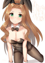  animal_ears binsen black_bow black_bowtie black_leotard blush bow bowtie breasts brown_hair brown_legwear cleavage closed_mouth collar commentary_request detached_collar female forehead green_eyes high_ponytail highres idolmaster idolmaster_million_live! leotard long_hair looking_at_viewer medium_breasts multiple_views nikaidou_chizuru pantyhose parted_bangs playboy_bunny ponytail rabbit_ears shadow strapless strapless_leotard thighband_pantyhose translated v-shaped_eyebrows very_long_hair white_background white_collar wing_collar 