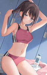  bare_legs bench black_hair blue_eyes blush bottle breasts buruma closed_mouth collarbone commentary female hand_in_own_hair highres kurasawa_moko locker locker_room long_hair looking_at_viewer navel original ponytail red_sports_bra sidelocks sitting smile solo sports_bikini sports_bra stomach sweat symbol-only_commentary towel water_bottle 