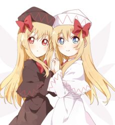  2girls black_capelet black_dress black_headwear blonde_hair blue_eyes blush capelet closed_mouth commentary_request dress dual_persona fairy fairy_wings hair_between_eyes hat lily_black lily_white long_hair long_sleeves multiple_girls namori_(style) red_eyes sasaki_sakiko smile touhou white_capelet white_dress white_headwear wings 