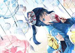  absurdres bag bagged_fish black_hair blue_kimono blush dutch_angle female fish fox_mask hand_fan high_ponytail highres holding holding_fan japanese_clothes kimono long_hair looking_at_viewer mask mask_on_head mole mole_under_eye obi original paper_fan ponytail sash sidelocks solo summer summer_festival uchiwa w_arms wide_sleeves wind_chime yukata zelitto 