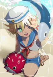  aura_bella_fiora barefoot beach bikini bikini_under_clothes blonde_hair blue_shorts dark-skinned_female dark_elf dark_skin day elf feet female fish green_eyes hat lowleg masiro navel one_eye_closed open_mouth overlord_(maruyama) pointy_ears puffer_fish reverse_trap sailor_collar sailor_hat short_hair shorts side-tie_bikini_bottom sitting sleeveless smiley_face soles stomach string_bikini swimsuit thighs tomboy 