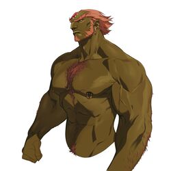  1:1 body_hair chest_hair dizdoodz ganondorf gerudo green_body green_skin hi_res humanoid male muscular muscular_humanoid muscular_male nintendo nipple_piercing nipples not_furry piercing solo the_legend_of_zelda vein veiny_muscles 