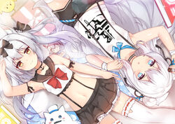  +_+ 2girls :o alternate_costume arm_ribbon arm_up armpits ayanami_(azur_lane) azur_lane bare_shoulders bird black_ribbon black_shorts black_skirt blue_eyes blurry book character_doll chick choker collarbone commentary_request crop_top double_bun feline garter_straps hair_bun holding kana_(kuaua) le_malin_(azur_lane) long_hair looking_at_viewer lying manjuu_(azur_lane) meowfficer_(azur_lane) midriff miniskirt multiple_girls navel on_back orange_eyes parted_lips ribbon sailor_collar school_uniform serafuku shirt short_shorts shorts simple_background single_hair_bun skirt sleeveless sleeveless_shirt stomach suspenders thighhighs very_long_hair white_hair white_shirt white_thighhighs yukikaze_(azur_lane) zettai_ryouiki 