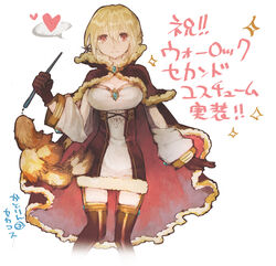  arm_at_side bad_id bad_pixiv_id blonde_hair breasts brooch brown_cape brown_dress brown_gloves brown_thighhighs cape closed_mouth commentary cowboy_shot detached_sleeves dress female fur-trimmed_cape fur-trimmed_dress fur_trim gem gloves hair_between_eyes heart holding holding_wand jewelry kathryne_keyron lala_(sputnik) large_breasts looking_at_viewer official_alternate_costume ragnarok_online red_eyes short_dress short_hair simple_background smile solo sparkle spoken_heart standing strapless strapless_dress thighhighs translated two-tone_dress wand warlock_(ragnarok_online) white_background white_dress white_sleeves 