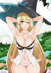  absurdres aizawa_azusa armpits arms_behind_head arms_up blonde_hair blue_eyes blurry blurry_background braid breasts bubble cleavage female hair_between_eyes hat highres landscape large_breasts large_hat long_hair midriff_peek navel one_eye_closed open_clothes outdoors panties sleeveless slime_(creature) slime_taoshite_300_nen_shiranai_uchi_ni_level_max_ni_nattemashita smile stained_clothes steam steaming_body sweat sweaty_clothes tongue tree underwear very_long_hair voidmakerz wide_hips witch_hat 