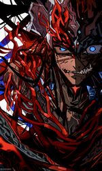  1boy absurdres black_hair blood_vessels blue_eyes camazotz_(fate) clenched_teeth crazy_eyes dark-skinned_male dark_skin eeju fate/grand_order fate_(series) glaring highres long_hair looking_at_viewer male_focus sharp_teeth simple_background solo tattoo teeth twitter_username uneven_eyes upper_body white_background wide-eyed 