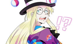  !? 1boy aqua_eyes ascot avery_(pokemon) black_ascot black_hat blonde_hair commentary_request dabu_(dabuchan) floating floating_object glasses hat highres long_hair looking_at_viewer looking_back male_focus open_mouth poke_ball poke_ball_(basic) pokemon pokemon_swsh round_eyewear solo teeth telekinesis tongue top_hat upper_body 