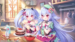  2girls :d ;q bestyakh_(mist_train_girls) blue_hair blush bow cake closed_mouth commentary_request copyright_notice cutting_board food fruit frying_pan glint green_headwear green_skirt hair_between_eyes hairbow holding indoors komachi_pochi layered_skirt long_hair mist_train_girls mixing_bowl multiple_girls official_art ok_sign one_eye_closed pastry_bag pink_skirt pleated_skirt polka_dot polka_dot_headwear polka_dot_skirt puffy_short_sleeves puffy_sleeves red_bow red_eyes short_sleeves skirt smile spatula strawberry striped striped_bow tilted_headwear tongue tongue_out twintails very_long_hair window wrist_cuffs yakutsk_(mist_train_girls) 