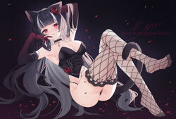  animal_ears armpits beyumi black_hair black_panties blunt_bangs breasts bustier cat_ears cat_tail cleavage collar elbow_gloves female fishnet_thighhighs fishnets flower gloves goth_fashion gradient_background gradient_gloves hair_flower hair_ornament highleg highleg_panties large_breasts long_hair looking_at_viewer multicolored_hair navel original panties petals solo tail thighhighs two-tone_hair underwear white_hair 