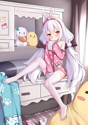  animal_ears animal_slippers azur_lane between_legs black_bow blush bow breasts bunny_slippers commentary fake_animal_ears female full_body hair_ornament hairband hairbow hand_between_legs highres indoors irokari laffey_(azur_lane) laffey_(sleep_to_clean_another_day)_(azur_lane) legs long_hair long_sleeves looking_at_viewer manjuu_(azur_lane) no_shoes off_shoulder panties parted_lips pink_shirt polka_dot polka_dot_shirt rabbit_ears rabbit_hair_ornament red_eyes red_hairband shirt simple_background single_bare_shoulder sitting slippers small_breasts solo striped_clothes striped_panties stuffed_animal stuffed_rabbit stuffed_toy thighhighs twintails underwear unworn_panties unworn_slippers very_long_hair white_hair white_thighhighs 