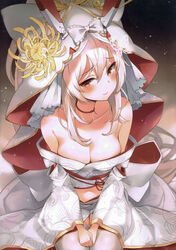  absurdres animal_print ayanami_(azur_lane) ayanami_(demon&#039;s_finest_dress)_(azur_lane) azur_lane bare_shoulders bird_print black_background blush bow breasts bridal_veil brown_background choker chrysanthemum cleavage collarbone eyeshadow female flower from_above gradient_background hair_between_eyes highres japanese_clothes kimono light_particles long_hair long_sleeves looking_at_viewer makeup medium_breasts midriff mirei navel off_shoulder official_alternate_costume photoshop_(medium) platinum_blonde_hair red_choker red_eyes scan sitting skirt skirt_set smile solo stomach thighhighs thighs veil white_bow white_kimono white_skirt white_thighhighs wide_sleeves yellow_flower 