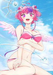  absurdres ahoge angel angel_wings bikini blue_sky blush breasts cloud demon_tail female flower hair_flower hair_ornament hairpin heart heart_ahoge heterochromia highres ironmouse ironmouse_(fallen_angel) large_breasts looking_at_viewer momomoto82 multicolored_hair nail_polish navel oerba_yun_fang open_mouth pink_bikini pink_hair pink_nails purple_eyes purple_hair red_eyes short_hair sidelocks skin_fang sky smile streaked_hair swimsuit tail virtual_youtuber vshojo white_flower wings 