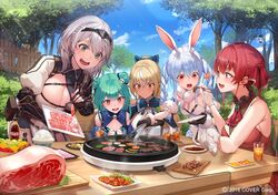  5girls animal_ears blonde_hair blue_sky blush braid breasts cleavage cloud cooking dark-skinned_female dark_skin day double_bun elf food green_eyes green_hair grey_hair griddle grilling hair_bun hair_ornament hair_ribbon heterochromia hololive hololive_fantasy houshou_marine houshou_marine_(1st_costume) kakage large_breasts long_hair looking_at_viewer meat multiple_girls official_art open_mouth outdoors pointy_ears rabbit_ears red_eyes red_hair red_ribbon ribbon rice shiranui_flare shiranui_flare_(old_design) shirogane_noel shirogane_noel_(1st_costume) short_hair sky small_breasts smile tree twintails uruha_rushia uruha_rushia_(1st_costume) usada_pekora usada_pekora_(1st_costume) virtual_youtuber 