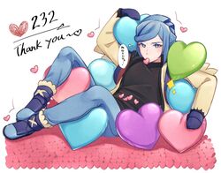  1boy blue_eyes blue_hair blush boots commentary_request eyelashes full_body grusha_(pokemon) heart highres jacket leaning long_sleeves male_focus mittens mocacoffee_1001 mouth_hold open_clothes open_jacket pants pokemon pokemon_sv shirt signature solo thank_you thought_bubble translation_request yellow_jacket 