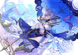  ahoge ass bow dress_bow female flower-shaped_pupils granblue_fantasy harvin highres holding holding_umbrella osamu_(jagabata) parasol solo symbol-shaped_pupils thighhighs umbrella wamdus_(granblue_fantasy) white_hair 