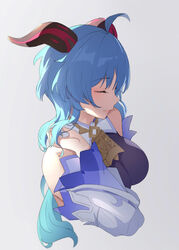  ahoge amco bell blue_hair breasts closed_eyes closed_mouth commentary cowbell detached_sleeves female ganyu_(genshin_impact) genshin_impact goat_horns grey_background hand_on_own_hip highres horns large_breasts light_smile long_hair long_sleeves simple_background solo symbol-only_commentary upper_body 