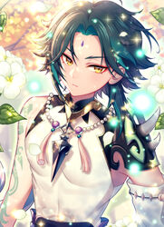  1boy arm_tattoo bead_necklace beads chiyu_(silverxxxx) commentary eyeshadow flower genshin_impact green_hair jewelry leaf makeup male_focus necklace parted_lips red_eyeshadow single_bare_shoulder sleeveless solo tattoo upper_body xiao_(genshin_impact) yellow_eyes 