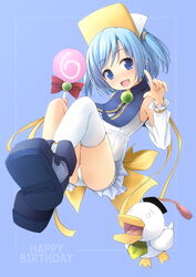  :d ah-kun animal ass bird blue_background blue_eyes blue_footwear blue_hair blush boots bow candy commentary_request detached_sleeves duck female food frills full_body hands_up happy_birthday highres holding holding_candy holding_food holding_lollipop index_finger_raised lollipop long_sleeves moetan nijihara_ink one-piece_swimsuit open_mouth pastel_ink red_bow shibacha shoe_soles single_thighhigh smile swimsuit swirl_lollipop thighhighs thighhighs_under_boots two_side_up visor_cap white_headwear white_legwear white_one-piece_swimsuit white_sleeves 