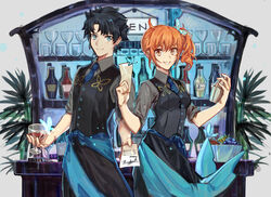  1boy alternate_hairstyle bartender black_hair blue_eyes butterfly_hair_ornament commentary_request cosplay csyday cup drinking_glass fate/grand_order fate_(series) female fujimaru_ritsuka_(female) fujimaru_ritsuka_(male) hair_between_eyes hair_ornament hair_scrunchie hair_up james_moriarty_(archer)_(fate) james_moriarty_(archer)_(fate)_(cosplay) james_moriarty_(gray_collar)_(fate) james_moriarty_(gray_collar)_(fate)_(cosplay) orange_hair scrunchie side_ponytail waistcoat wine_glass yellow_eyes 