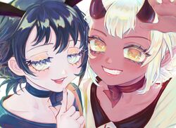  2girls animal_ears blue_hair blush chiye_lu_dan colored_skin demon_girl demon_horns fangs finger_to_mouth heibai_meimeng homesick_duo horns idconnect+ looking_at_viewer looking_to_the_side multiple_girls pale_skin pointy_ears rabbit_ears rabbit_girl red_skin shushing smirk virtual_youtuber white_hair yellow_eyes zzz_2605 