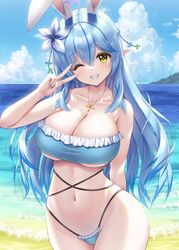  absurdres ahoge animal_ears beach bikini blue_bikini blue_hair blue_sky braid breasts cleavage cloud collarbone colored_tips commentary day fake_animal_ears female flower frilled_bikini frills grin hair_flower hair_ornament half_updo heart heart_ahoge highleg highleg_bikini highres hololive jewelry large_breasts long_hair looking_at_viewer multicolored_hair nail_polish navel necklace ocean one_eye_closed outdoors pointy_ears rabbit_ears side_braid sky smile solo standing streaked_hair swimsuit uehiro v very_long_hair virtual_youtuber yellow_eyes yukihana_lamy 