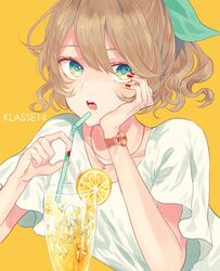  bad_id bad_twitter_id bow brown_hair commentary drinking_straw female fingernails food fruit glass green_bow green_eyes hairbow head_rest jewelry klasse14 lemon lemon_slice looking_at_viewer necklace parted_lips red_nails satsuki_(miicat) shirt short_sleeves simple_background solo upper_body watch white_shirt wristwatch yellow_background 