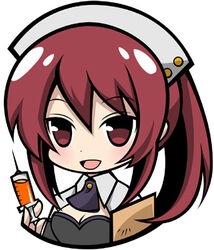  bad_id bad_pixiv_id blush breasts chibi female long_hair lowres medium_breasts open_mouth original red_eyes red_hair simple_background smile solo syno syringe upper_body white_background 