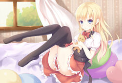  black_thighhighs blonde_hair blue_eyes bow commentary_request female kagami_(galgamesion) long_hair original pillow skirt solo stuffed_animal stuffed_toy teddy_bear thighhighs window 