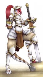  2016 anthro armor blue_eyes claws clothed clothing convincing_weapon female hair headgear helmet hi_res knight lizard long_hair melee_weapon pink_body pink_scales plate_armor ponytail r-mk raised_leg red_body red_hair red_scales reptile scales scalie simple_background smile solo sword toe_claws warrior weapon white_background white_claws zweihander 