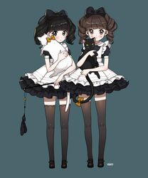  2girls absurdres animal apron black_cat black_hair blush brown_eyes brown_hair commentary_request drill_hair feline grey_eyes highres korean_commentary maid maid_apron multiple_girls ribbon thighhighs twintails white_cat yerm 