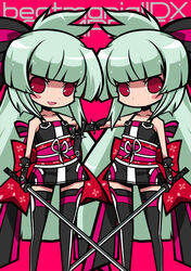  2girls bad_id bad_pixiv_id beatmania_iidx blush_stickers chibi copyright_name flat_chest green_hair long_hair looking_at_viewer multiple_girls open_mouth red_eyes simple_background smile sword syno thighhighs very_long_hair weapon 