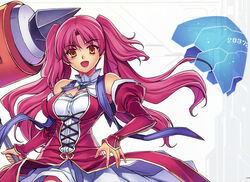  absurdres bare_shoulders breasts cleavage dress female freezing_(series) hammer highres holding holding_weapon kim_kwang_hyun large_breasts long_hair looking_at_viewer official_art open_mouth photoshop_(medium) pink_eyes pink_hair solo twintails weapon windymay 