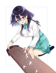  :d aqua_bow aqua_skirt blue-framed_eyewear blue_eyes blue_socks blush bow breasts collared_shirt commentary_request dress_shirt female fingernails glasses hair_between_eyes instrument kneehighs koto_(instrument) long_hair long_sleeves looking_at_viewer medium_breasts miyabi_akino nadeshiko_doremisora no_shoes open_mouth pleated_skirt purple_hair school_uniform seiza semi-rimless_eyewear shirt sitting skirt smile socks soles solo striped striped_bow togawa_kano under-rim_eyewear white_background white_shirt 