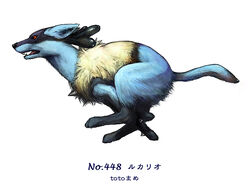  ambiguous_gender black_body black_fur blue_body blue_fur canid canine feral feralized fur generation_4_pokemon lucario mammal nintendo pokemon pokemon_(species) realistic red_eyes simple_background solo toto_mame white_background yellow_body yellow_fur 