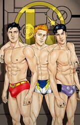  3boys abs black_hair blue_eyes boxer_briefs briefs bulge bulging colored conner_kent cosmic_boy dc dc_comics erect_nipples eye_contact gay green_eyes joe_phillips kon-el legion_of_superheroes lightning_lad looking_at_viewer male male_only male_underwear multiple_boys multiple_males muscles muscular muscular_male orange_hair pecs ring shirtless smile smirk superboy superhero tight_underwear underwear 