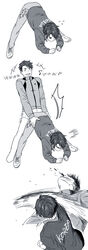  2boys blood commentary_request eighth_note greyscale highres jacket jean-jacques_leroy laughing lee_seung-gil male_focus monochrome multiple_boys musical_note open_mouth punching ringtomato sexually_suggestive smile stretching top-down_bottom-up track_jacket yaoi yuri!!!_on_ice 