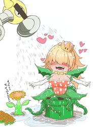  absurdres alraune blonde_hair commentary_request crown dress f.l.u.d.d. female flower gloves heart highres jewelry long_hair mario_(series) monster_girl new_super_mario_bros._u_deluxe okuva open_mouth plant plant_girl potted_plant princess_piranha_plant sunflower super_crown super_mario_sunshine teeth translation_request vines warp_pipe watering watering_can 