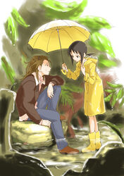  1boy black_hair boots brown_eyes brown_hair candle commentary_request creator_connection crossover denim female fur_trim gagame hairband jacket jeans kaga_ai leaf mole pants plant ponytail profile raincoat rock rubber_boots sayonara_zetsubou_sensei shared_umbrella shimogamo_yajirou short_hair sitting standing uchouten_kazoku umbrella water yellow_raincoat 