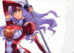  absurdres amelia_evans breasts brown_hair cleavage cleavage_cutout clothing_cutout elbow_gloves female freezing_(series) gloves highres kim_kwang_hyun large_breasts light_purple_hair long_hair multicolored_hair official_art photoshop_(medium) polearm scan solo two-tone_hair weapon 