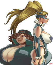  2girls backwards_hat bad_deviantart_id bad_id baseball_cap blonde_hair blue_leotard breasts brown_hair cleavage gigantic_breasts hair_pulled_back harmageddon_yoko hat height_difference johnrokk large_breasts leotard lips mask microphone multiple_girls photoshop_(medium) rainbow_mika street_fighter street_fighter_zero_(series) thighhighs 