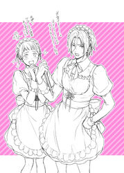  2boys alternate_costume apron blush commentary_request crossdressing enmaided free! hand_on_own_hip juliet_sleeves long_sleeves maid maid_headdress male_focus male_maid matsuoka_rin monochrome multiple_boys nitori_aiichirou open_mouth photoshop_(medium) puffy_sleeves ruru_(ultimatepowers.info.) sharp_teeth smile sparkle teeth translation_request 